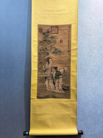 A Chinese Vertical Scroll Ink Painting of Figure on Silk,Tang Yin