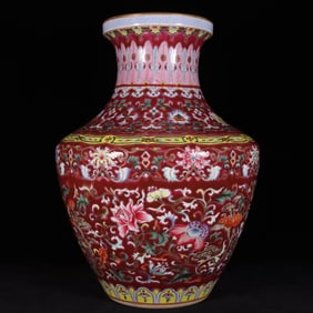 A Rare Ruby Red-Ground Famille-Rose Lotus Pattern Vase