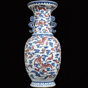 A Monumental Blue and White Underglaze-Red Auspicious Cloud and Bats Pattern Double-Ears Vase