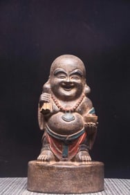 A Rare Limestone Painted Color Statue of Maitreya Buddha Ornament