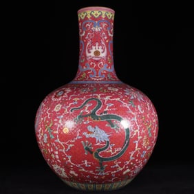 A Huge Ruby Red-Glazed Famille-Rose Dragon and Phoenix Pattern Vase