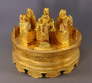 A Set of Fine Gilt Bronze Dragon Pattern Seals,with poem,with Gilt Bronze Character and Story