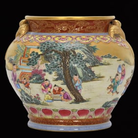 An Exquisite Enamel Gold Ground Character and Story Pattern Double-Ears Vat