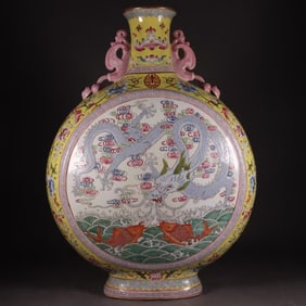 A Huge Yellow Ground Famille-Rose Fish and Dragon Pattern Double-Ears Vase