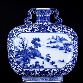 An Exquisite Blue and White Landscape Pattern Double-Ears Vase