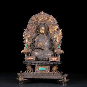 An Exquisite Gilt Bronze Silver Inlaid Gems Statue of Sakyamuni