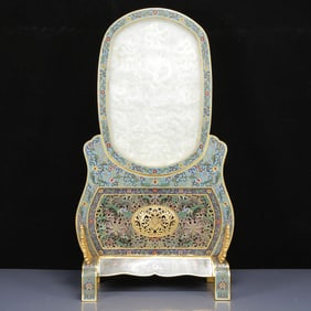 A Huge Cloisonne Inlaid White Jade Dragon Pattern Table Screen,with an Imperial Poem by Emperor