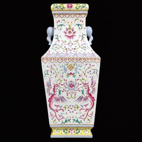 A Monumental Enamel Flower Pattern Elephant Ears Vase