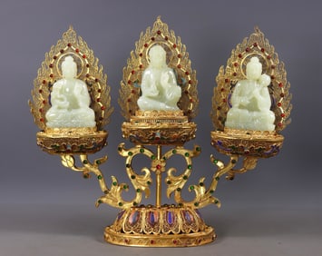A Set of Fine Gilt Inlaid White Jade Buddha Statue Ornaments,Inlaid Gems
