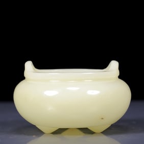 An Exquisite White Jade Double-Ears and Tripod Censer