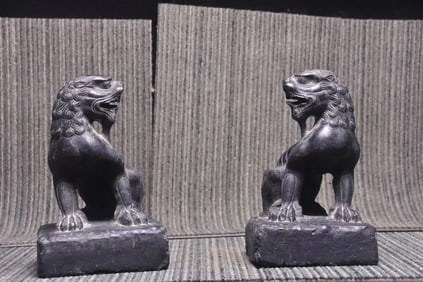 A Pair of Exquisite Limestone Lion Ornaments