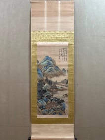 A Chinese Vertical Scroll Ink Painting of Landscape on Paper,Wen Zhengming