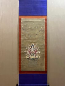 A Chinese Vertical Scroll Ink Painting of Buddha Statue on Silk,Ding Guanpeng
