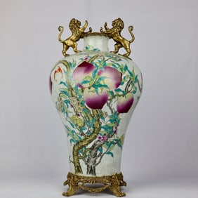 An Exquisite Famille-Rose Bats and Peach Pattern Inlaid Bronze Beast Ears Vase