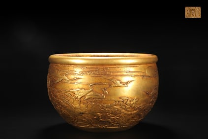 A Rare Gilt Bronze Pine and Crane Pattern Vat
