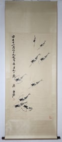A Chinese Vertical Scroll Ink Painting of Shrimp on Paper,Qi Baishi
