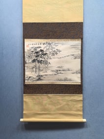 A Chinese Vertical Scroll Ink Painting of Landscape and Figure on Paper,Dong Qichang
