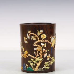 A Zitanwood Gem-Inlaid 'Flower& Bird' Brush Pot