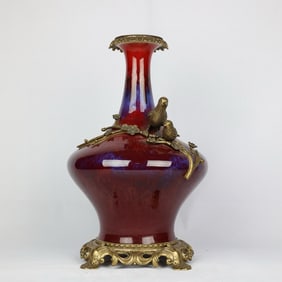 An Exquisite Flambe Glazed Inlaid Bronze Flower and Bird Vase