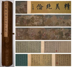 A Chinese Hand Scroll Ink Painting of Figure on Paper,Li Gonglin