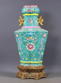 A Rare Gilt Inlaid Enamel Lotus Pattern Double-Ears Vase