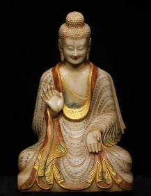 A Solemn Marble Painted Color Statue of Sakyamuni,With Scriptures