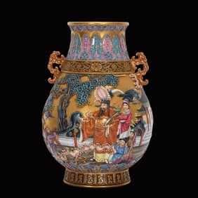 An Exquisite Enamel Gold Ground Character and Story Pattern Double-Ears Vase
