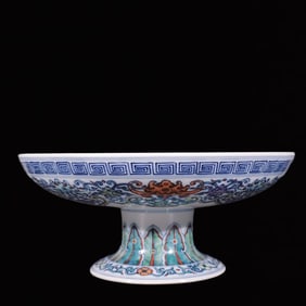 An Exquisite Blue and White Doucai Auspicious Cloud and Crane Pattern Stem Plate