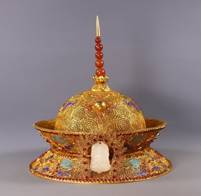 A Rare Gilt Dragon Pattern Inlaid White Jade Cromn,Inlaid Gems