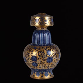 An Exquisite Gold Ground Blue and White Lotus and Eight Treasures Pattern Vase