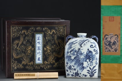 A Rare Blue and White Character and Story Pattern Vase, With Vertical Scroll Painting on Silk