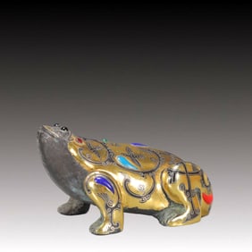 A Rare Bronze Inlaid Gold and Silver Frog Ornament