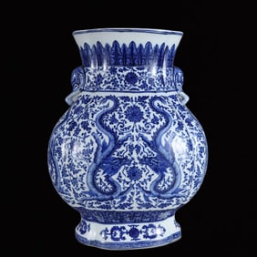 A Huge Blue and White Lotus and Dragon Pattern Elephant-Ears Vase