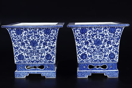 A Pair of Exquisite Blue and White Lotus Pattern Flowerpots