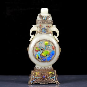 An Exquisite White Jade Inlaid silver-gilt Flower and Bird Pattern Double-Ears Bottle, Inlaid Gems
