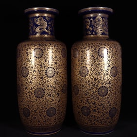 A Pair of Huge Blue Glazed Painted Gold Lotus and Dragon Pattern Vases