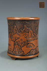 A Rare Bronze Character and Story Pattern Brush Pot