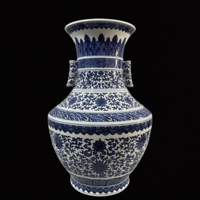 A Huge Blue and White Lotus and Eight Treasures Pattern Double-Ears Vase