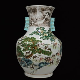 A Huge Famille-Rose Pine and Deer Pattern Double-Ears Vase