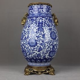 An Exquisite Blue and White Lotus Pattern Inlaid Bronze Double-Ears Vase
