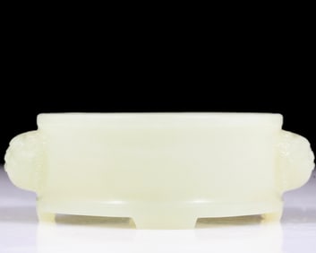 An exquisite white jade lion ear incense burner