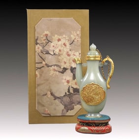 A Rare White Jade Cover with Gold Phoenix Pattern Ewer