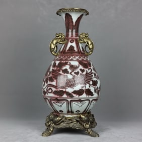 An Exquisite Blue and White Underglaze-Red Phoenix Pattern Inlaid Bronze Beast Ears Vase