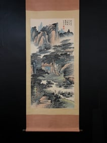 A Chinese Vertical Scroll Ink Painting of Landscape and Figure on Paper,Xiao Qianzhong
