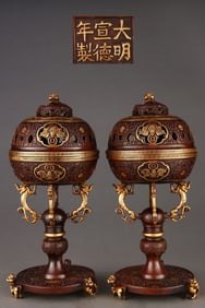 A Pair of Rare Gilded Purple Copper Body Official Hat Stands