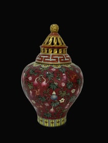 A Rare Ruby Red Ground Hollow Gourd and Bat Pattern Vase