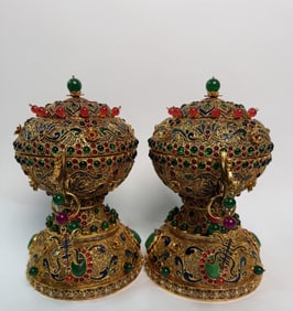 A pair of Rare Cloisonne Inlaid Gilt Multi-treasure Censers
