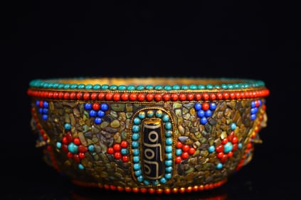 A Rare Ox Bone Carved Inlaid Gems Bowl