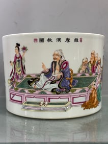 A Rare Famille Rose Figure Story Pattern Brush Pot