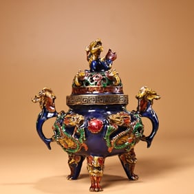 A Rare Cloisonne Copper-body Enamel-painted Censer with Two Dragons Playing with Pearl and Lion
